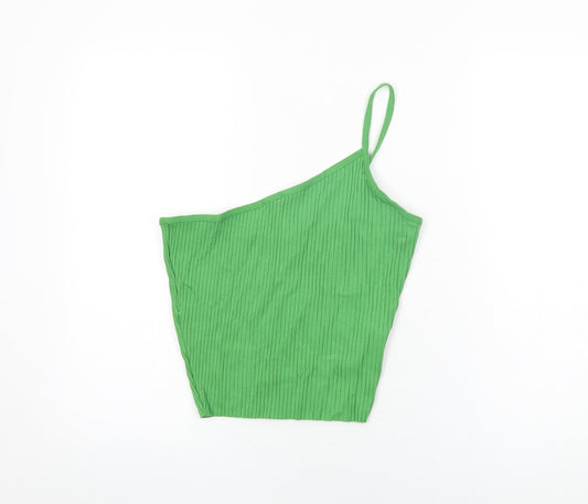 Zara Womens Green Cotton Cropped T-Shirt Size M One Shoulder