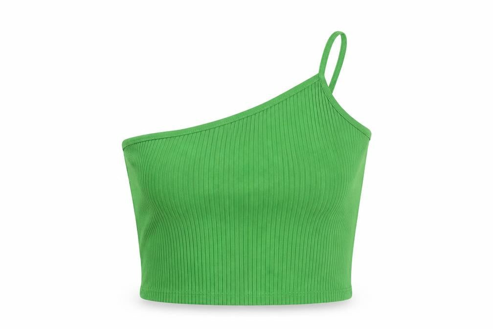 Zara Womens Green Cotton Cropped T-Shirt Size M One Shoulder