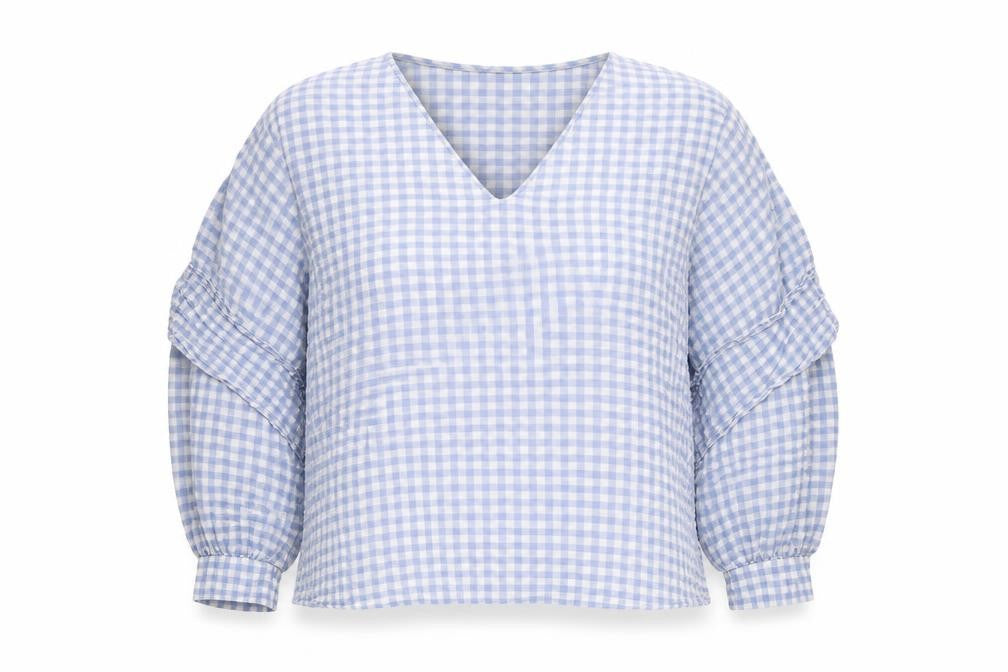 Topshop Womens Blue Geometric Cotton Basic T-Shirt Size 16 V-Neck - Gingham