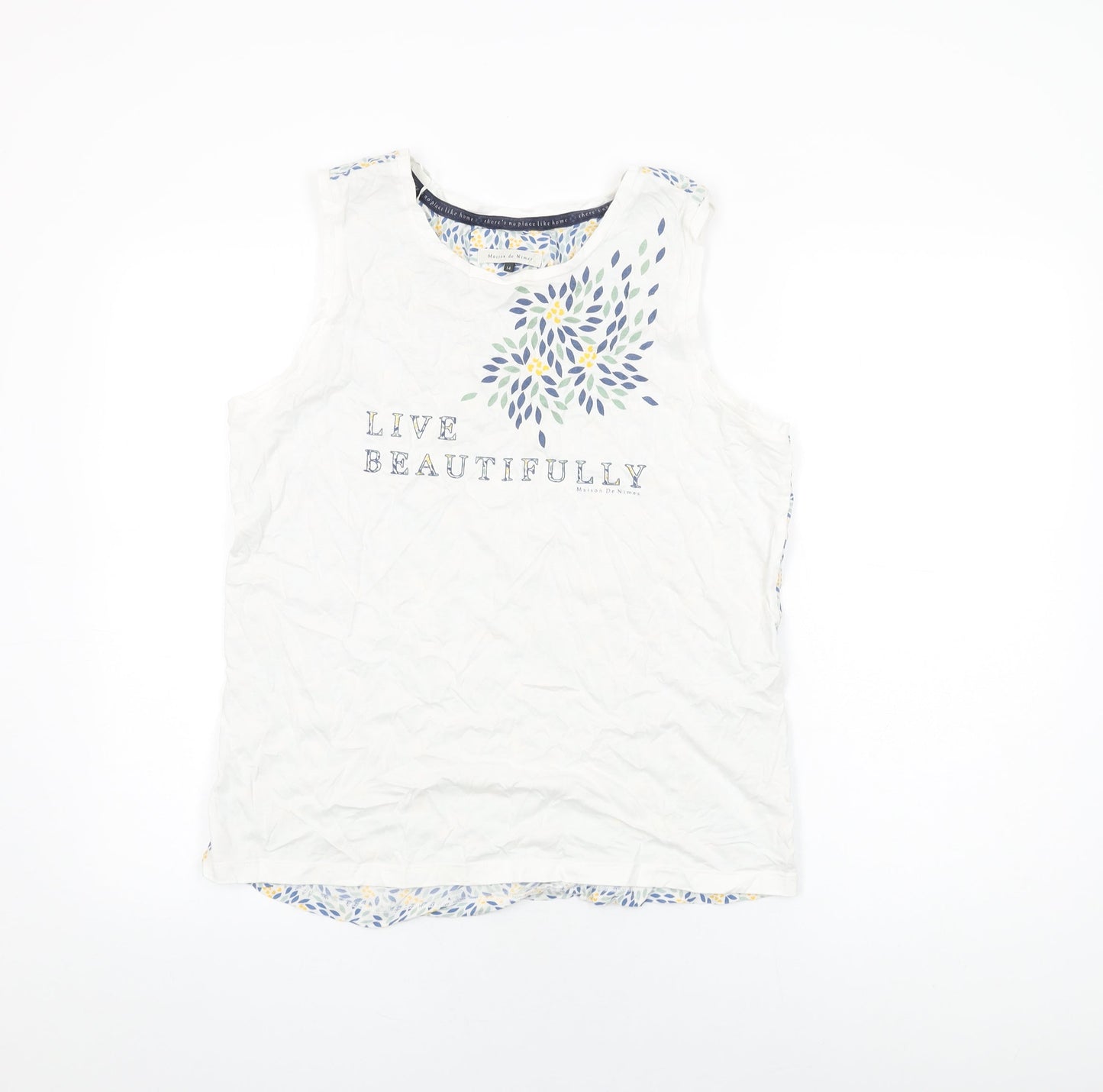 Maison de Nimes Womens White Geometric Cotton Basic T-Shirt Size 14 Round Neck - Live Faithfully, Leaf Print