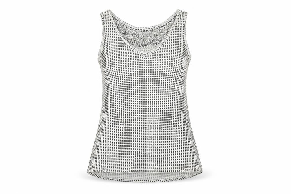 Myrine Womens White Geometric Viscose Basic Tank Size S V-Neck