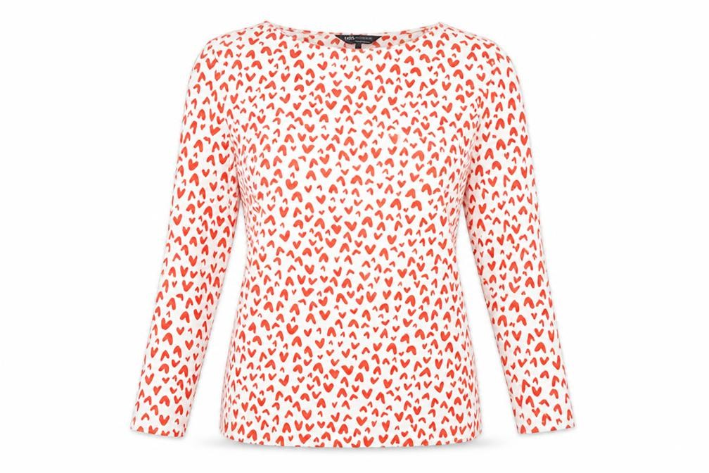 Marks & Spencer Womens White Geometric Cotton Basic T-Shirt Size 8 Boat Neck - Heart Print