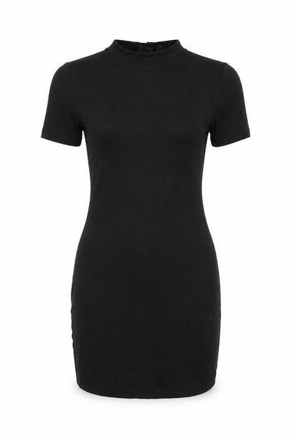 Front view of Missguided women’s black viscose bodycon, size UK 8, round neck pullover