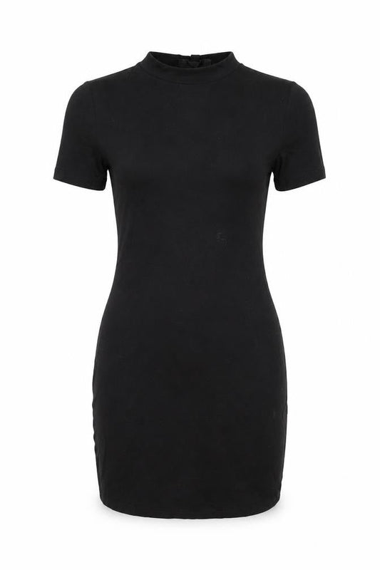 Front view of Missguided women’s black viscose bodycon, size UK 8, round neck pullover