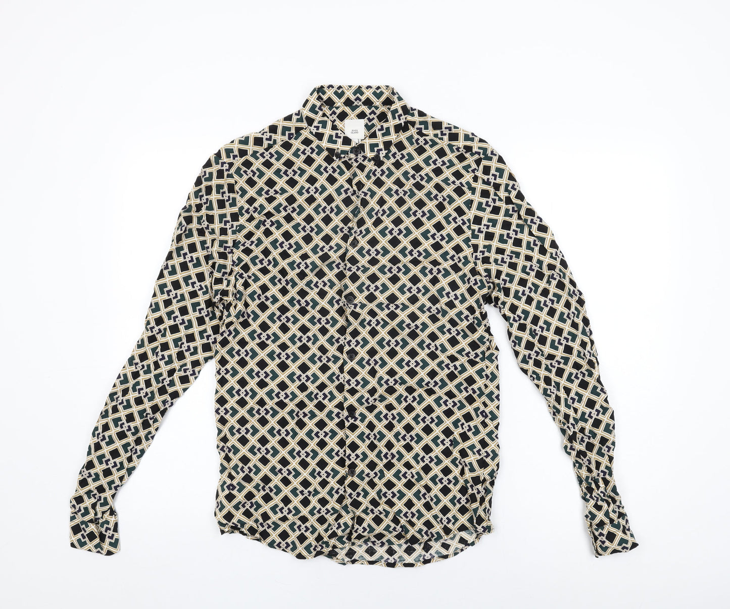 River Island Womens Green Geometric Viscose Basic Button-Up Size S Collared