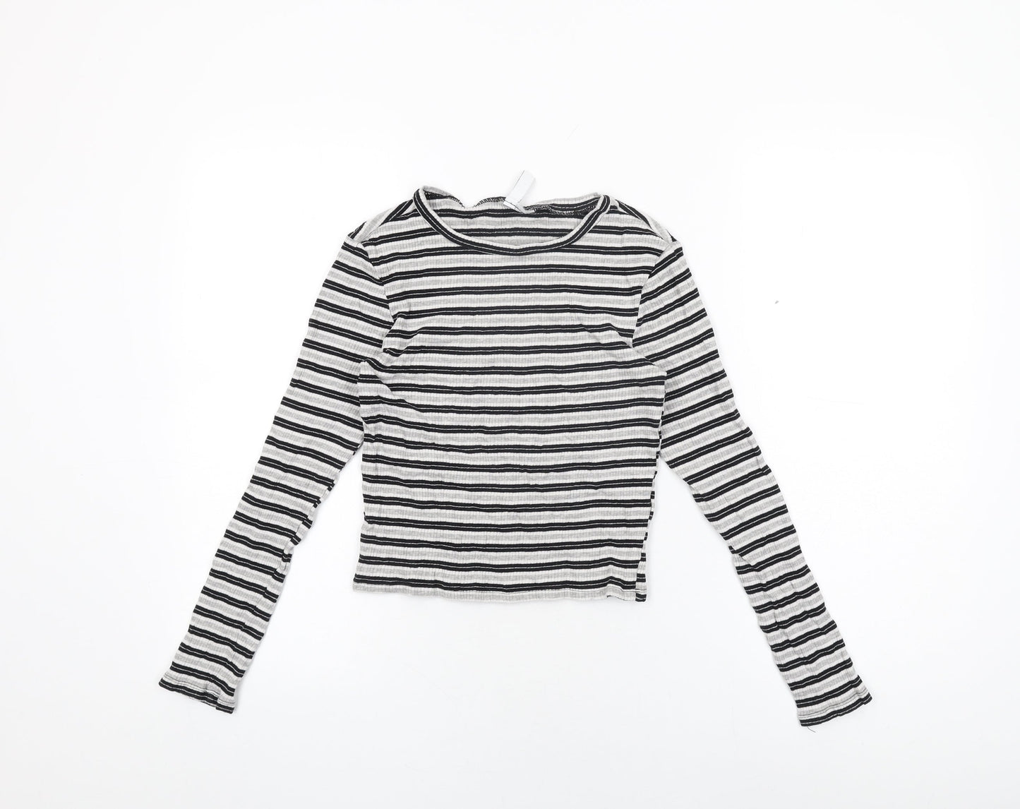 H&M Womens Grey Striped Cotton Cropped T-Shirt Size S Round Neck