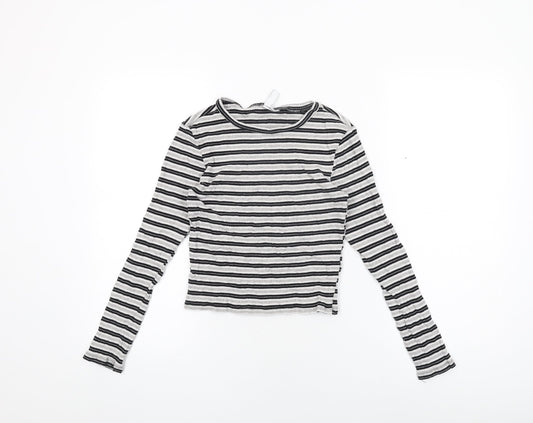 H&M Womens Grey Striped Cotton Cropped T-Shirt Size S Round Neck