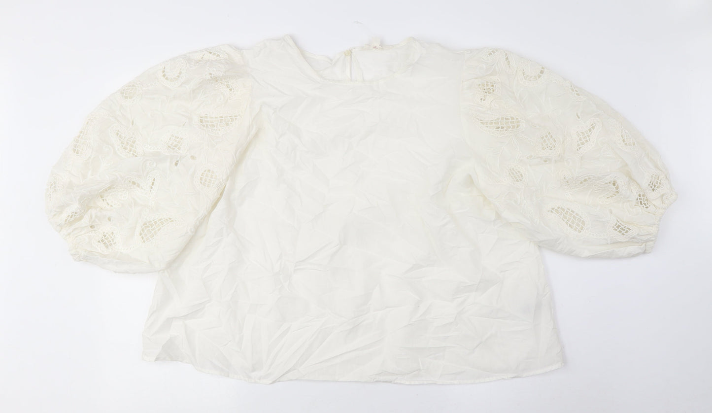 Women's Ivory Embroidered Blouse, Balloon Sleeves, Size 20