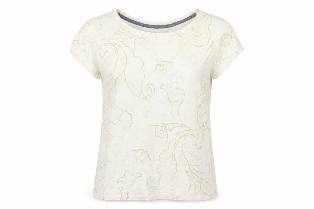 Lands' End Womens Ivory Geometric Cotton Basic T-Shirt Size M Round Neck