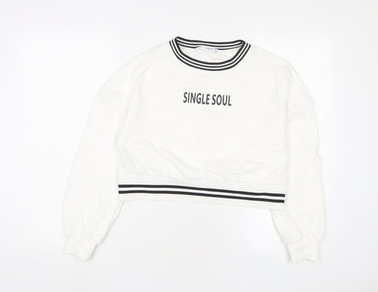 Mango Womens White Cotton Pullover Sweatshirt Size M Pullover - Single Soul