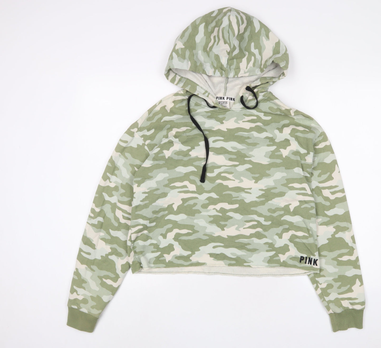 PINK Womens Green Camouflage Cotton Pullover Hoodie Size S Pullover - Logo, Embroidered