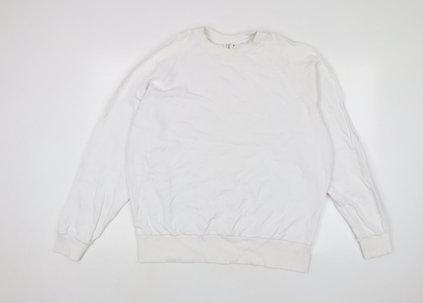 COLLUSION Womens White Cotton Pullover Sweatshirt Size 10 Pullover - Logo, Embroidered