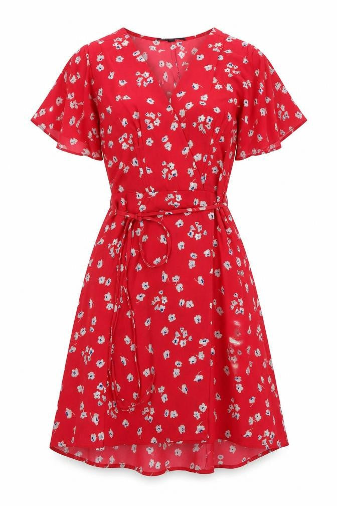 French Connection Womens Red Floral Polyester A-Line Size 12 V-Neck Zip - Logo