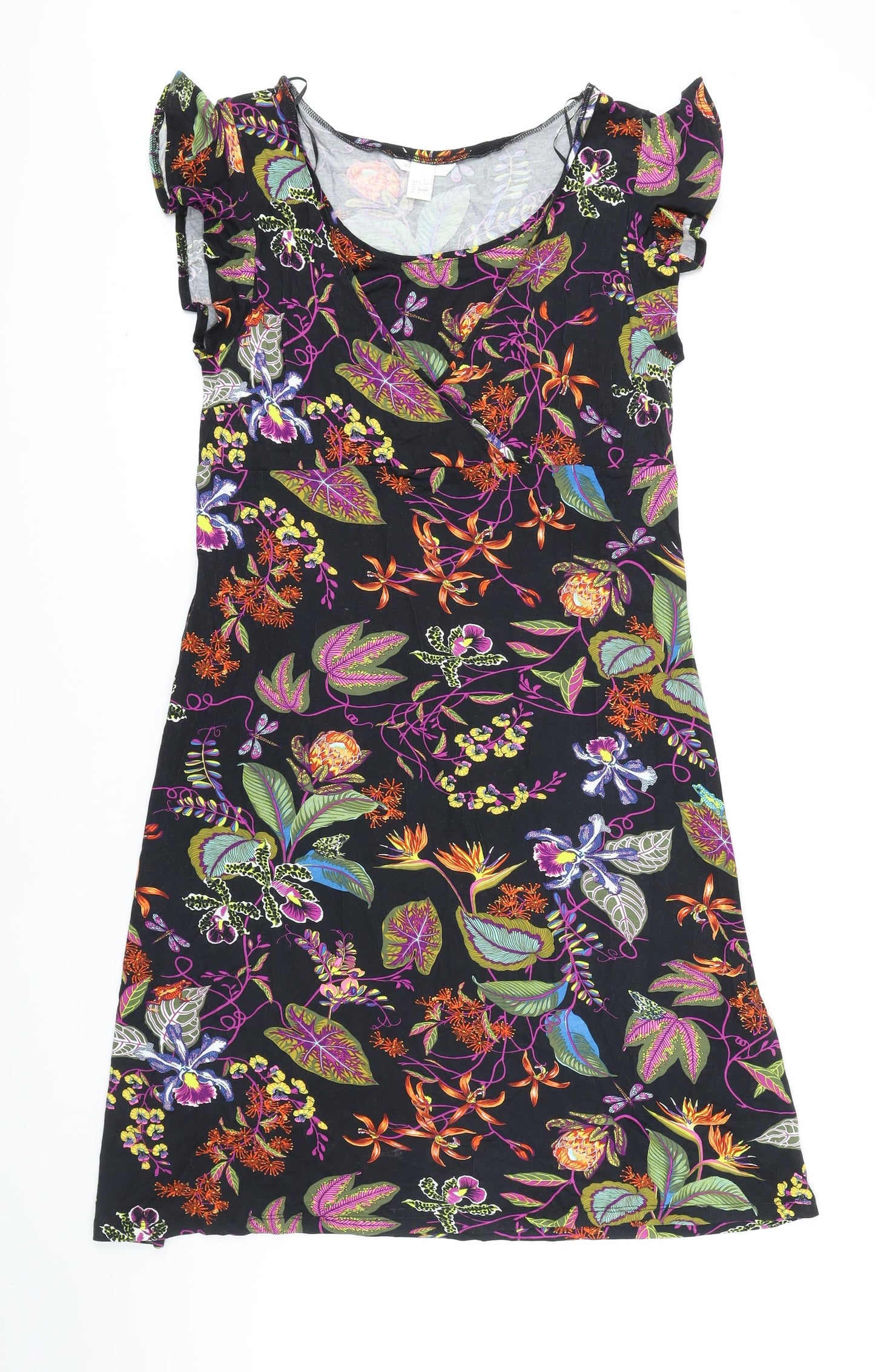 H&M Womens Black Floral Viscose A-Line Size L Scoop Neck