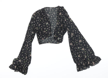 Additional front view of Missguided women’s black floral polyester cropped blouse, size UK 8, v-neck