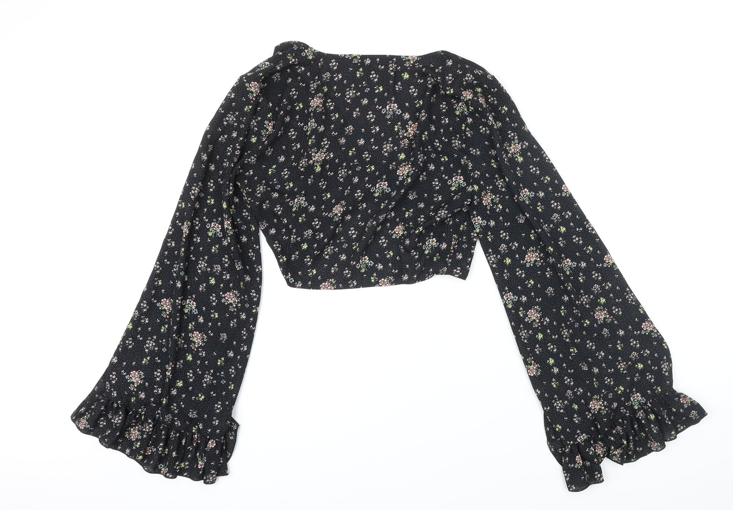 Missguided Womens Black Floral Polyester Cropped Blouse Size 8 V-Neck
