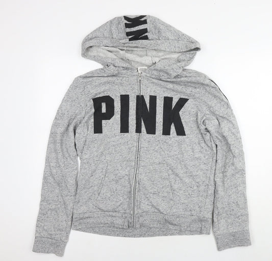 PINK Womens Grey Cotton Full Zip Hoodie Size L Zip - Logo