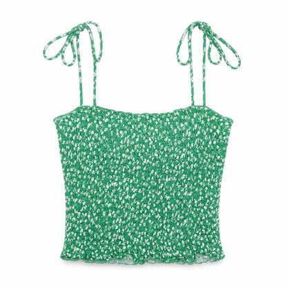 Stradivarius Womens Green Floral Cotton Basic Tank Size M Sweetheart