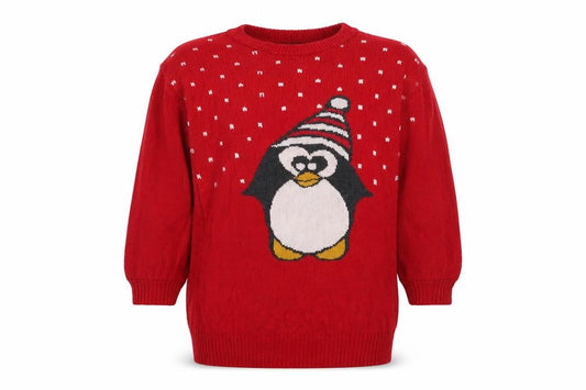 AC Signature Girls Red Round Neck Polyester Tunic Jumper Size 9 Years Pullover - Christmas Jumper Penguin