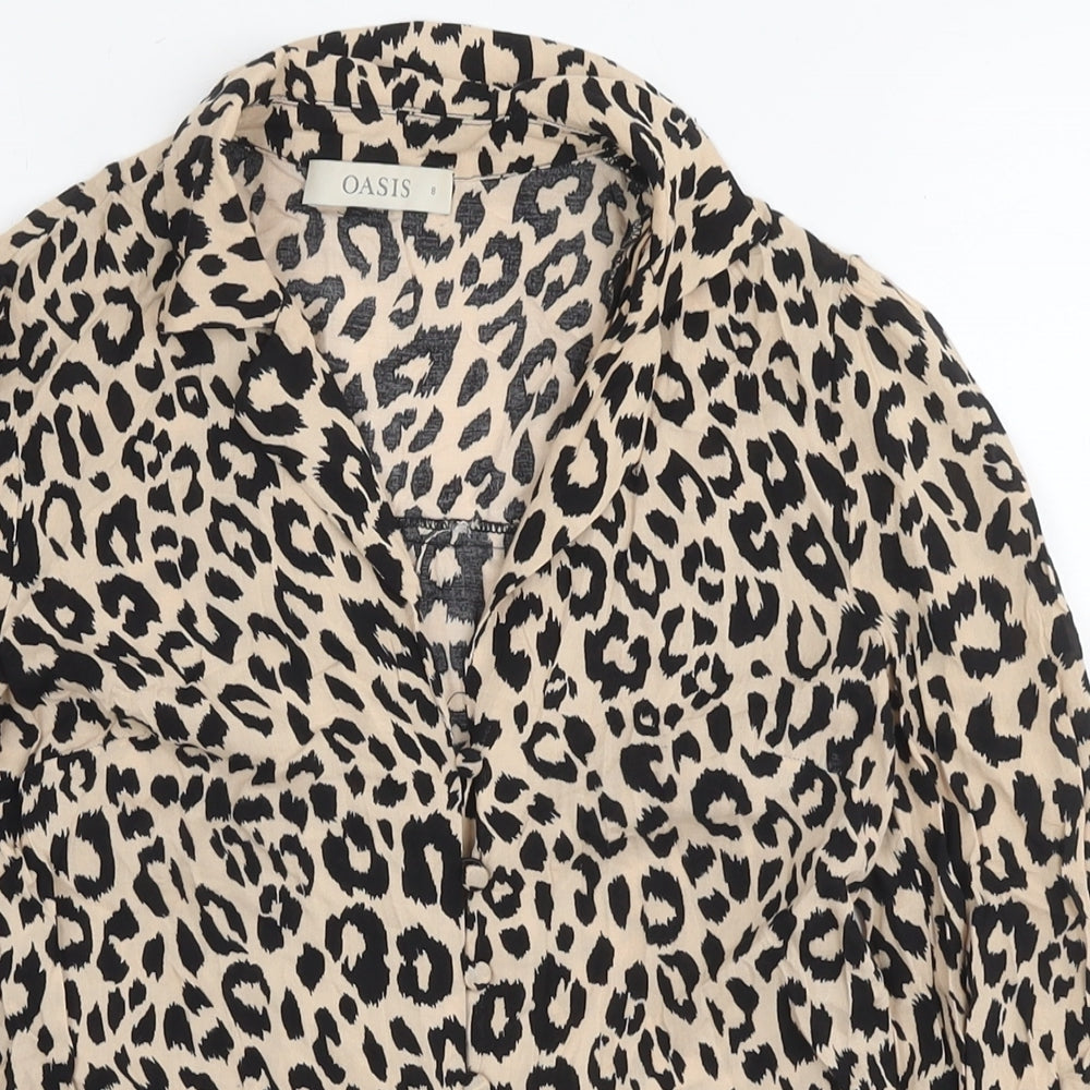Oasis Womens Beige Animal Print Viscose Basic Button-Up Size 8 Collared - Leopard Print