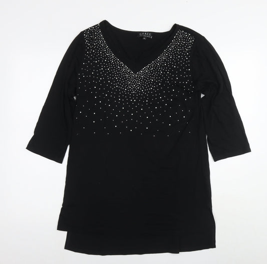Grace Womens Black Viscose Tunic Blouse Size 12 Round Neck - Embellishment Detail
