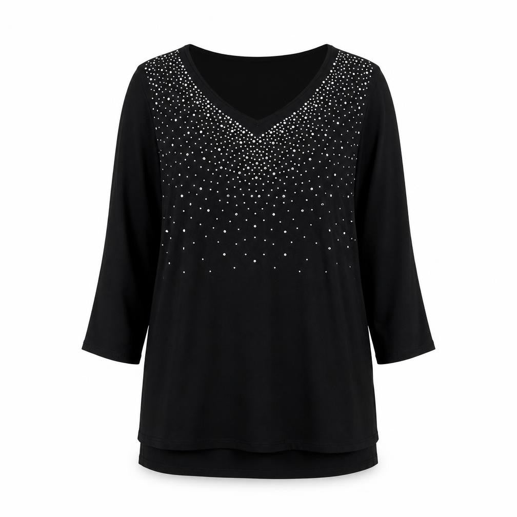 Grace Womens Black Viscose Tunic Blouse Size 12 Round Neck - Embellishment Detail