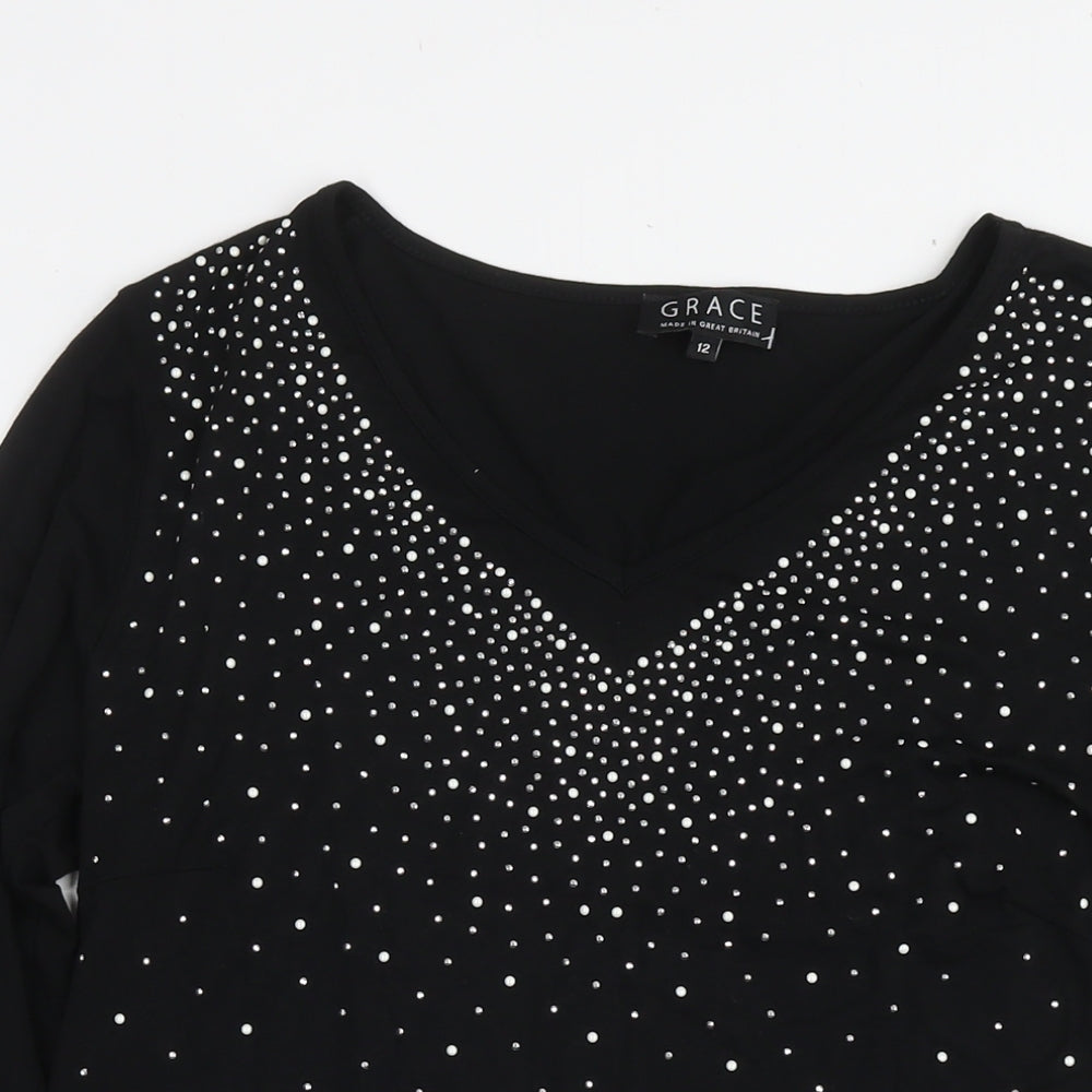 Grace Womens Black Viscose Tunic Blouse Size 12 Round Neck - Embellishment Detail