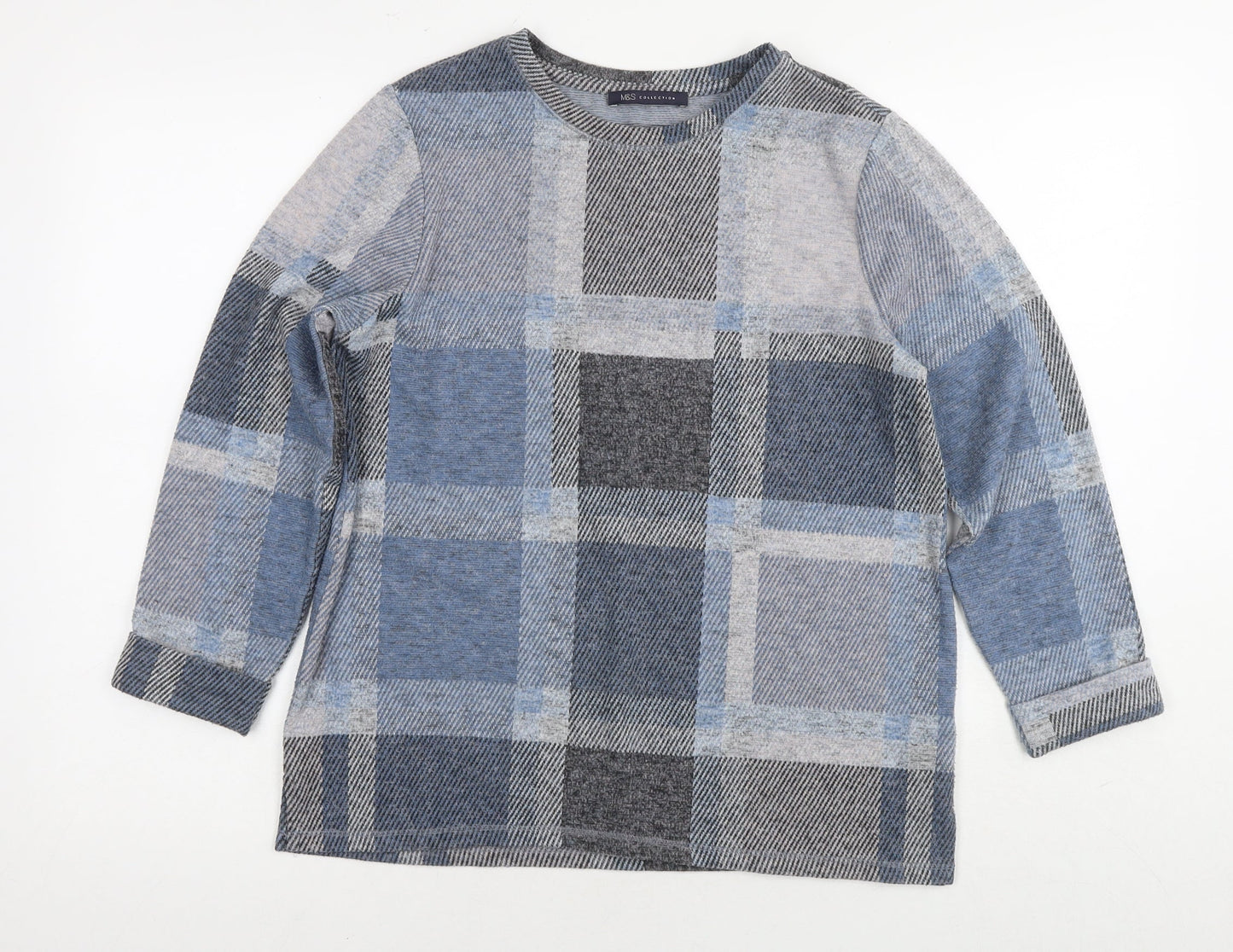 Marks and Spencer Womens Blue Check Polyester Basic Blouse Size 12 Round Neck