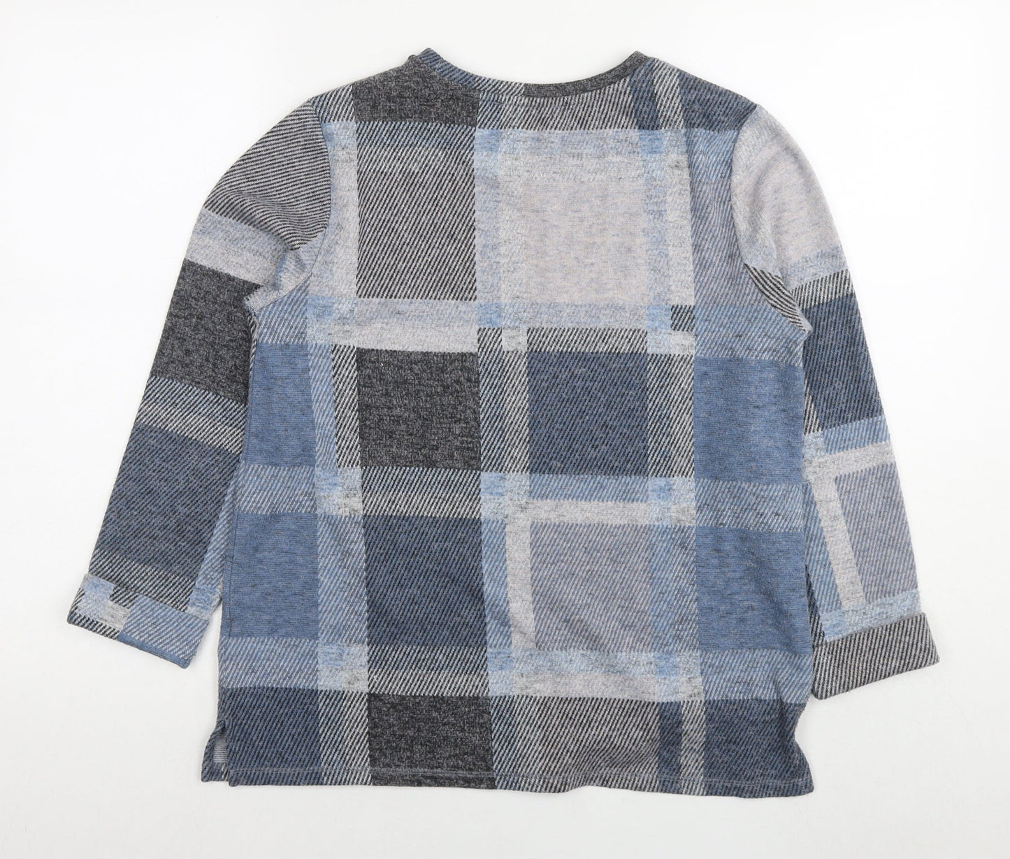 Marks and Spencer Womens Blue Check Polyester Basic Blouse Size 12 Round Neck