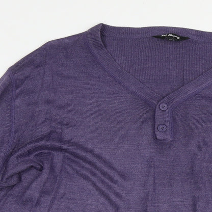 Close-up detail of Red Herring women’s purple v-neck acrylic jumper, size XL