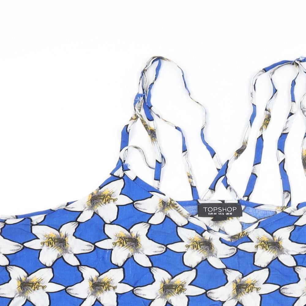 Topshop Womens Blue Floral Viscose Camisole T-Shirt Size 16 V-Neck
