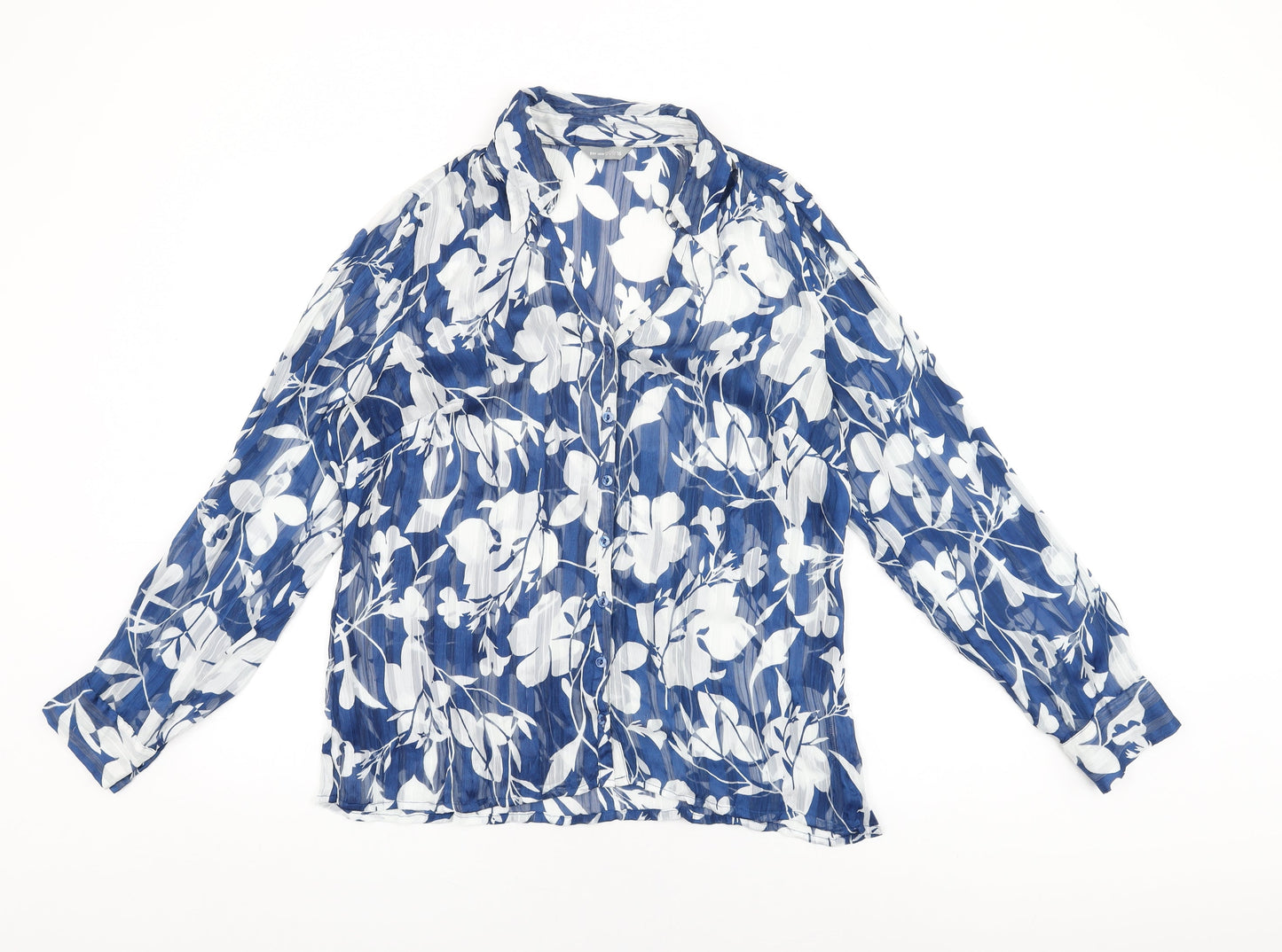 Per Una Womens Blue Floral Polyester Basic Button-Up Size 16 Collared