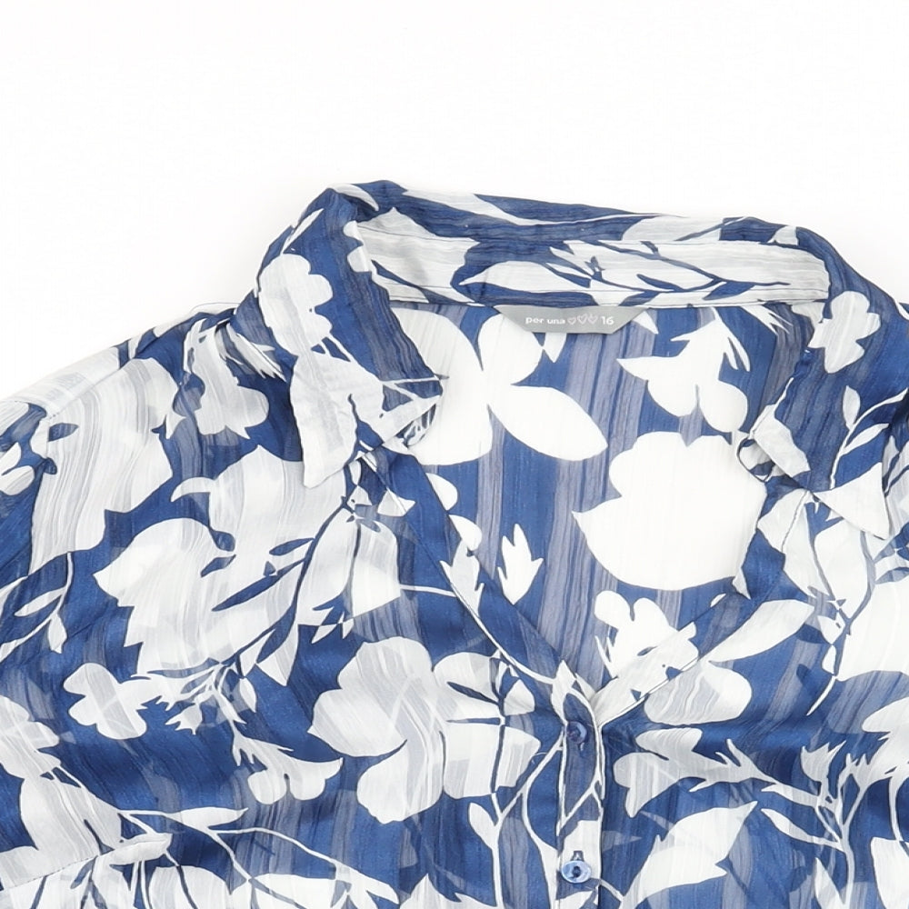 Per Una Womens Blue Floral Polyester Basic Button-Up Size 16 Collared