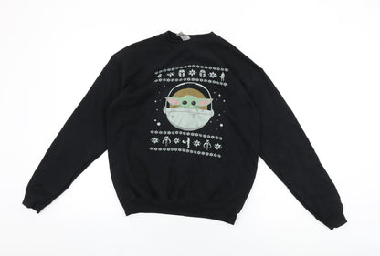Front view of Star Wars women’s black cotton pullover sweatshirt, size XL, pullover - baby yoda, christmas jumper