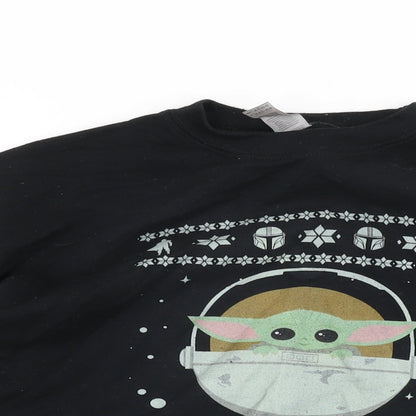 Close-up detail of Star Wars women’s black cotton pullover sweatshirt, size XL, pullover - baby yoda, christmas jumper