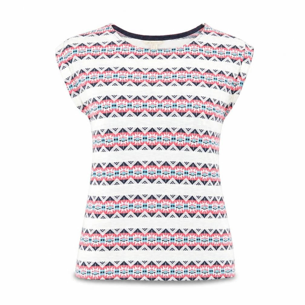 Springfield Womens Ivory Geometric Cotton Basic T-Shirt Size S Boat Neck