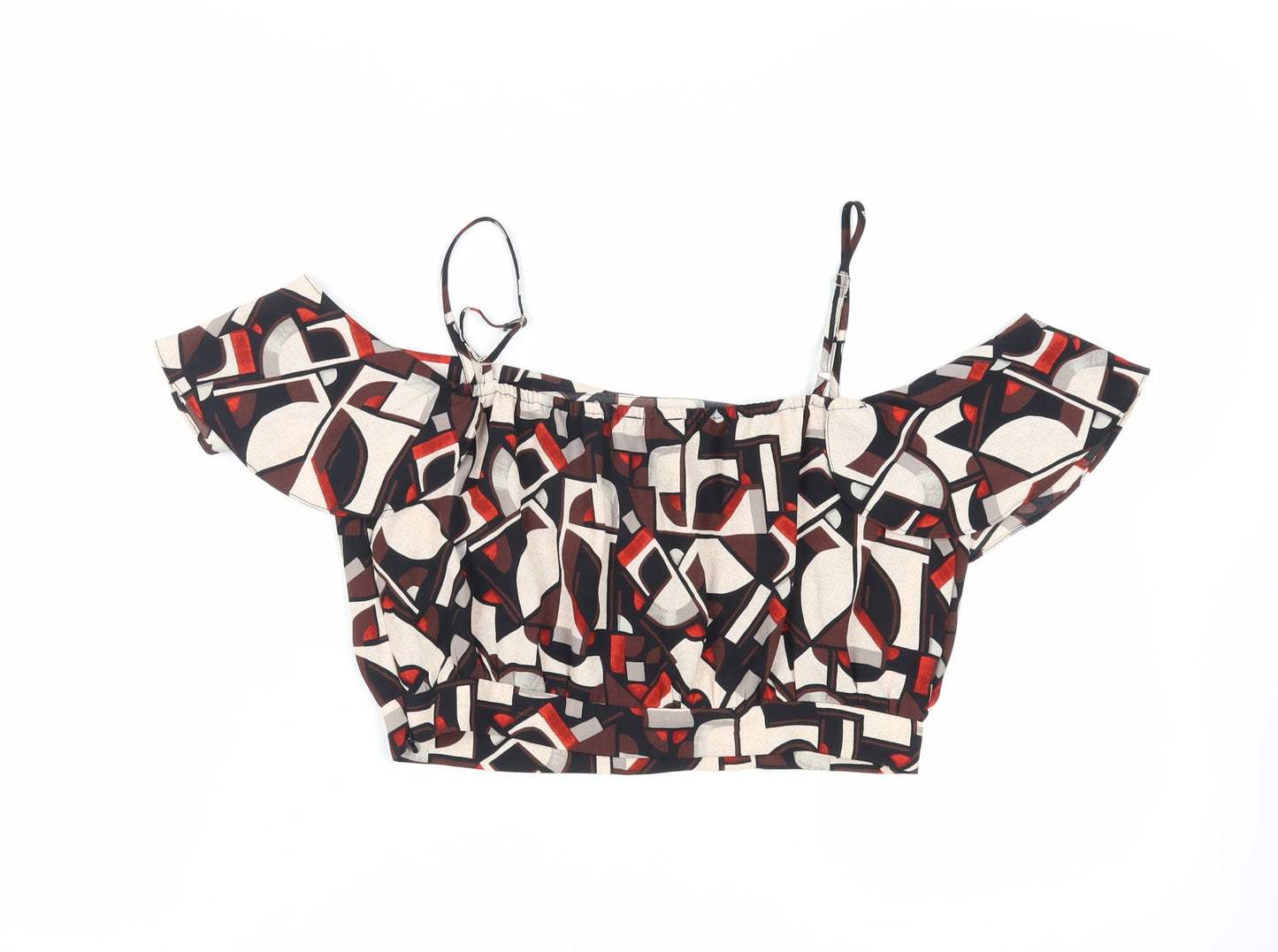 River Island Womens Brown Geometric Polyester Cropped Tank Size 12 Off the Shoulder - Ruffle