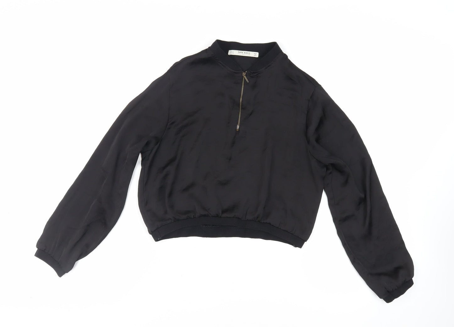 Zara Womens Black Viscose Basic Blouse Size S Mock Neck - Embroidered Detail