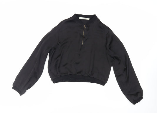 Zara Womens Black Viscose Basic Blouse Size S Mock Neck - Embroidered Detail