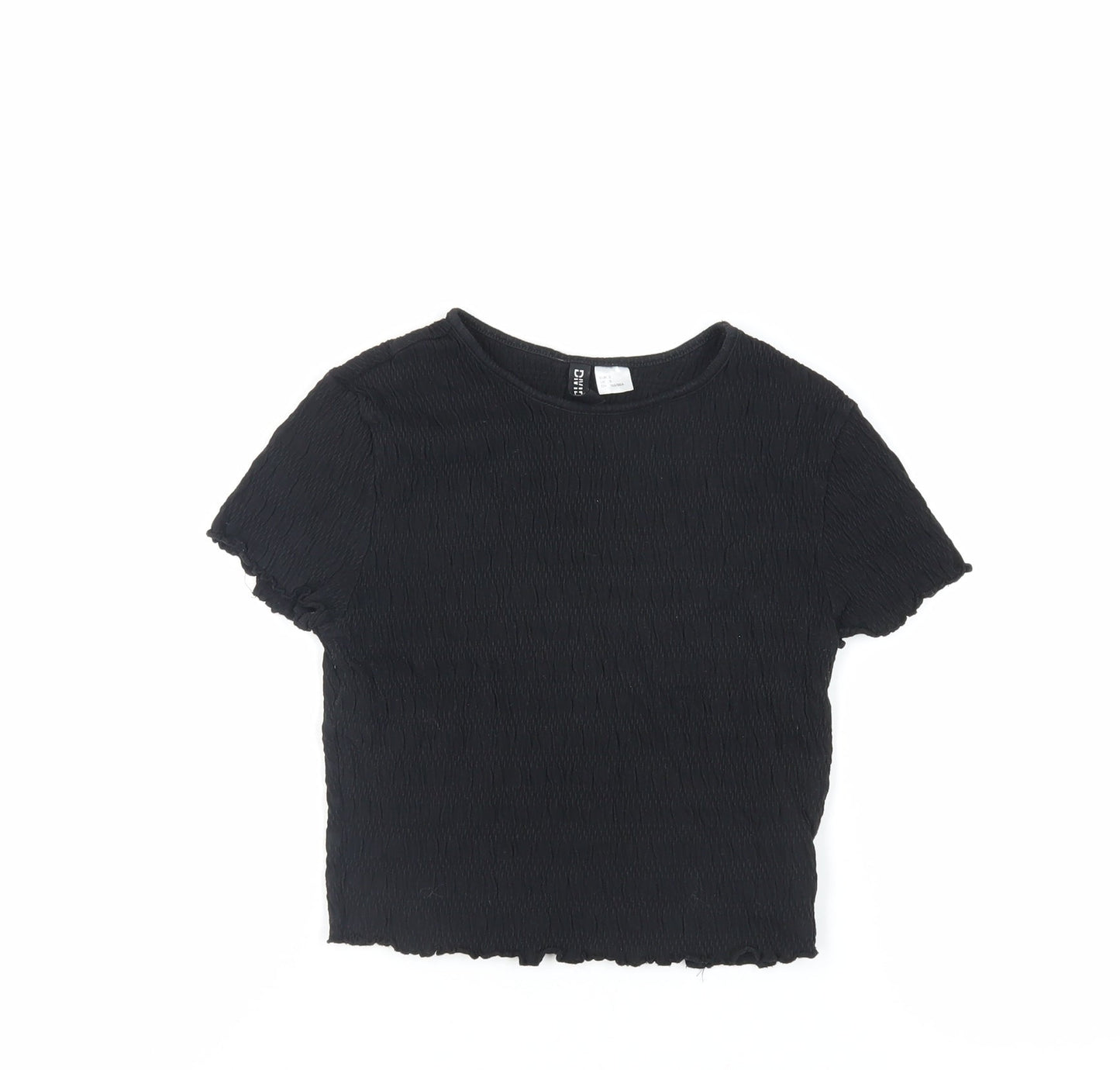 H&M Womens Black Cotton Cropped T-Shirt Size S Crew Neck - Textured