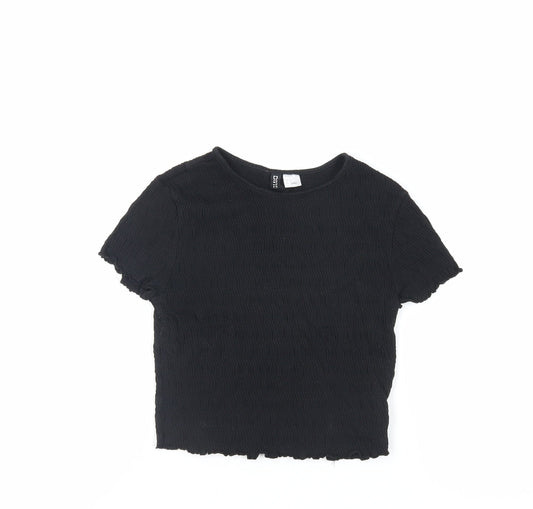 H&M Womens Black Cotton Cropped T-Shirt Size S Crew Neck - Textured
