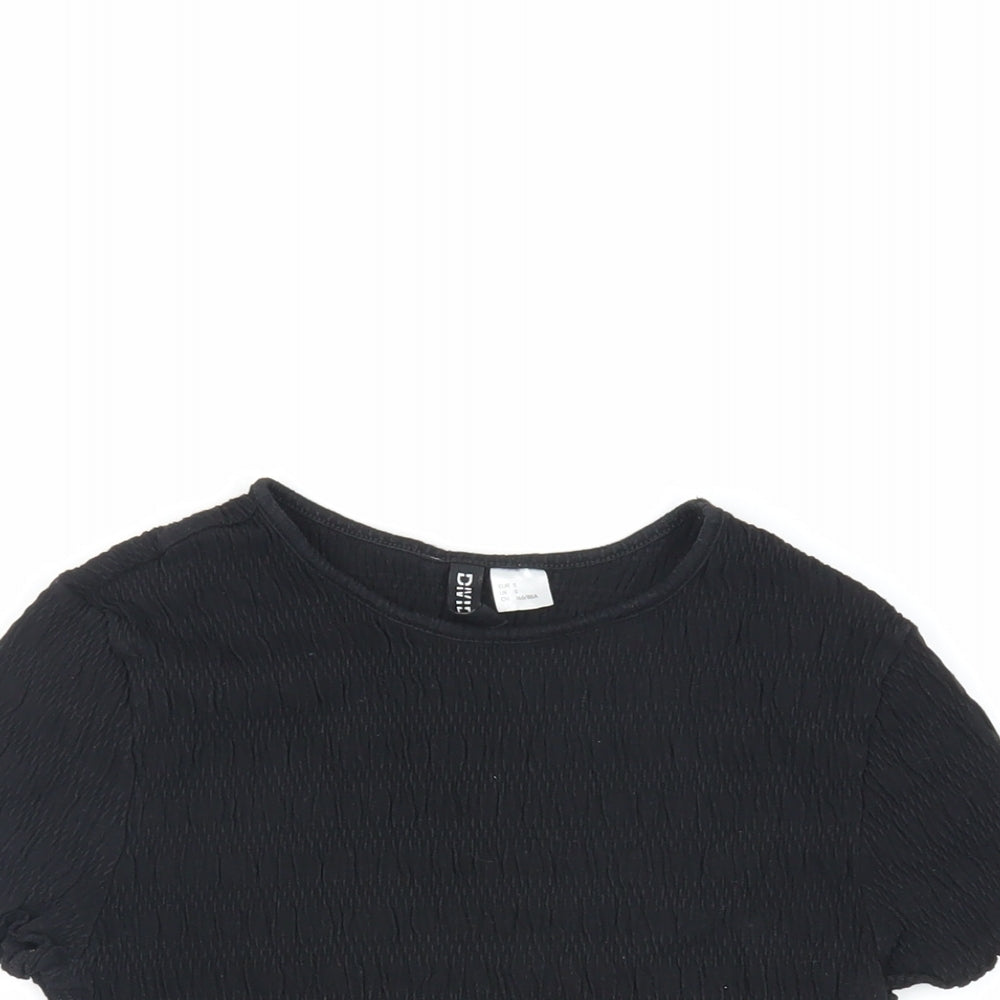 H&M Womens Black Cotton Cropped T-Shirt Size S Crew Neck - Textured