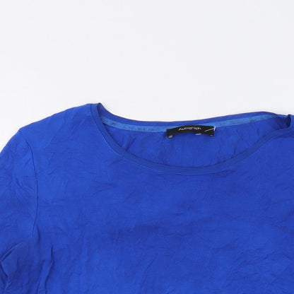 Close-up detail of Autograph women’s blue modal basic t-shirt, size UK 10, crew neck