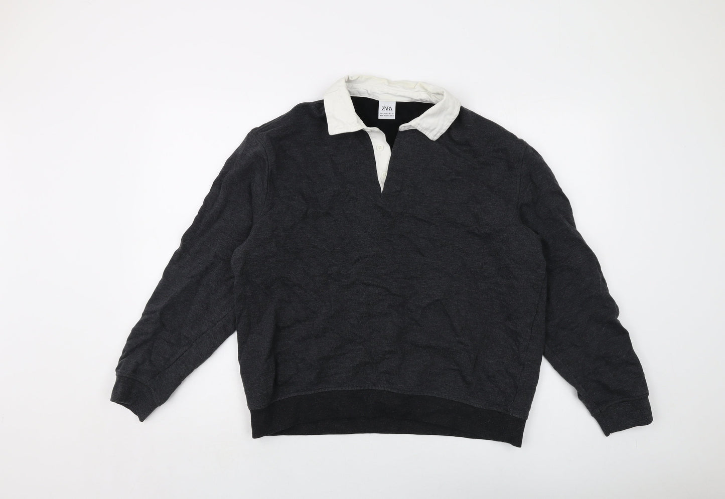 Zara Womens Grey Cotton Pullover Sweatshirt Size L Button