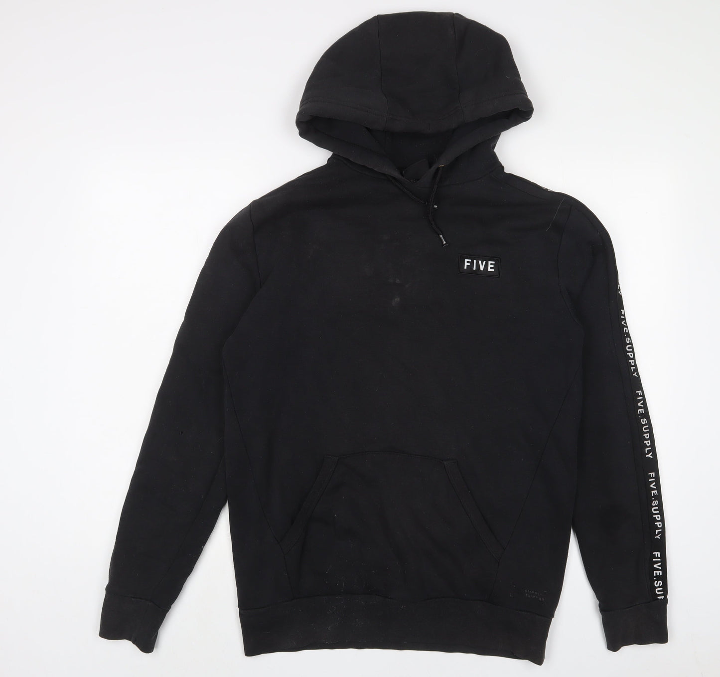 FIVE Mens Black Cotton Pullover Hoodie Size M - Embroidered