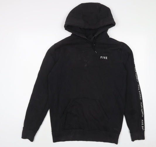 FIVE Mens Black Cotton Pullover Hoodie Size M - Embroidered