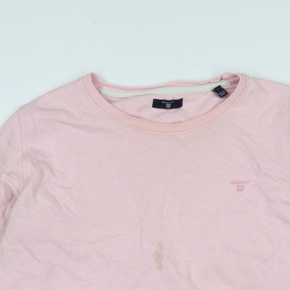 Close-up detail of GANT women’s pink polyester pullover sweatshirt, size L, - logo