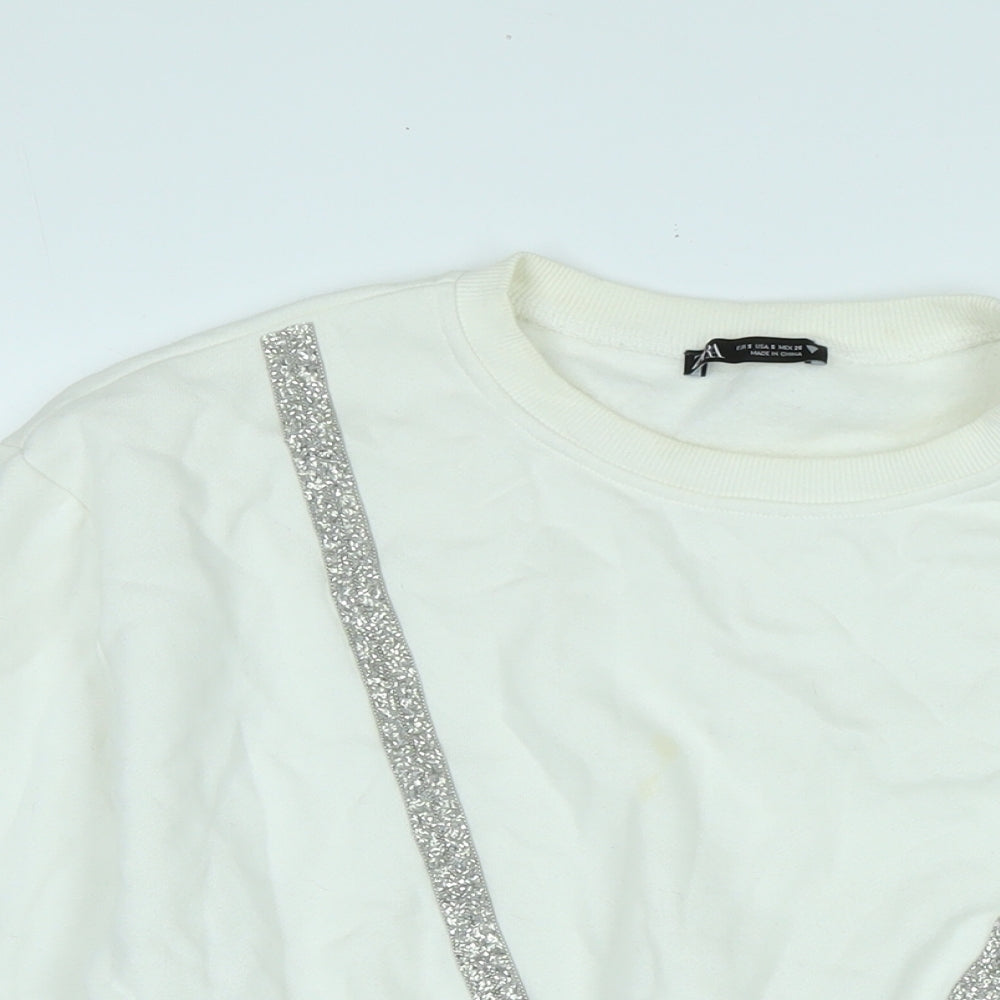 Zara Womens White Polyester Pullover Sweatshirt Size S - Glitter beading