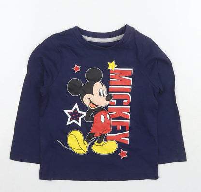 Front view of Disney boys’ blue cotton basic t-shirt, size 18-24, months round neck pullover - mickey mouse