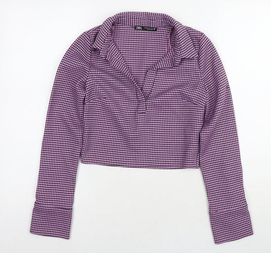 Zara Womens Purple Herringbone Polyester Basic Blouse Size XS Collared